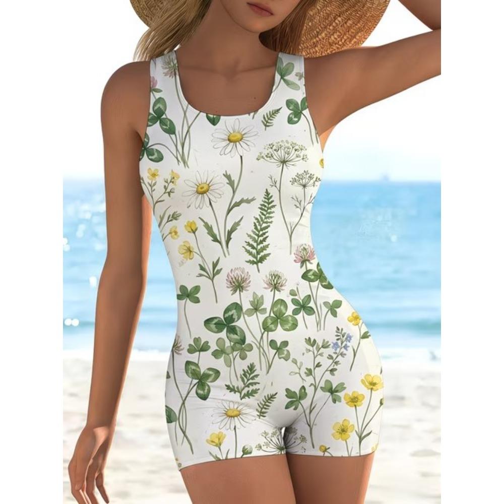 Summer Beach Pool Wear Flower Pattern Printed One Piece Boy Short Swimsuit Women Athletic Slim Fit Bathing Suit