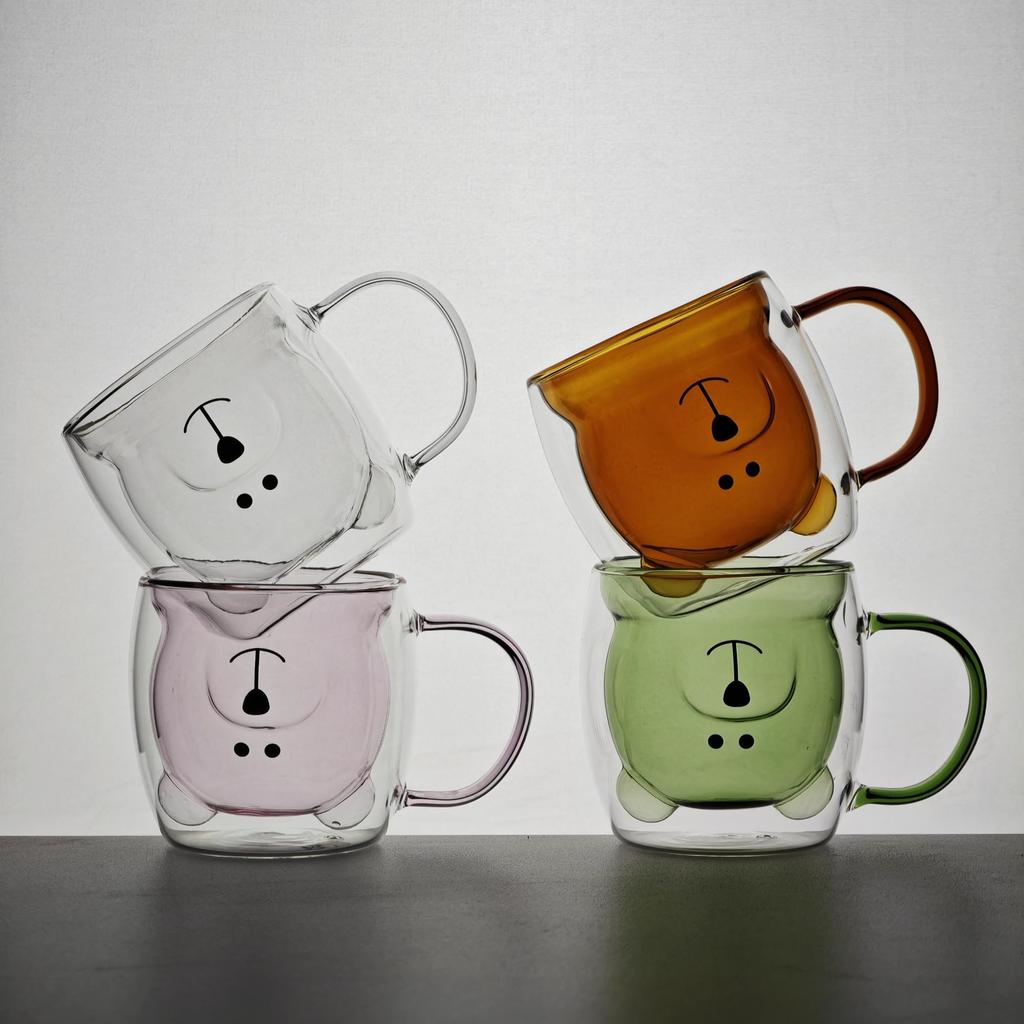 Nishida Glass Bear Cup Cup Set Cute Glass with Insulates Hot and Cold and Bear Mug Mug Double-Walled Heat-Resistant & (250ml) Double-Walled