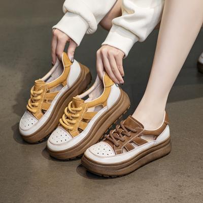 Mode Sommer Damen Schuhe 2025 Gemischte Farben Echtes Leder Atmungsaktiv Lochmuster Klobige Plateau Schnürung Damen Freizeit-Sneakers