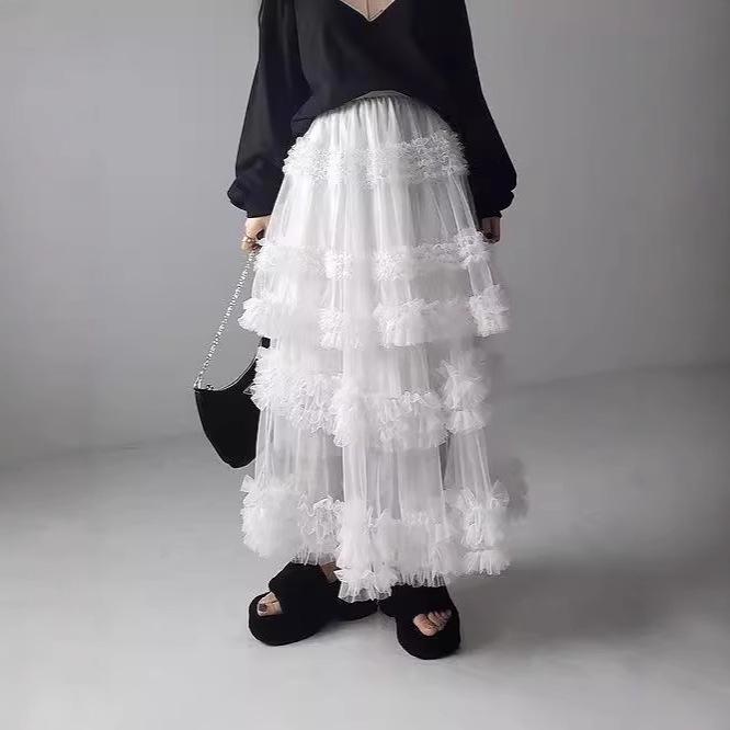 Japanese Style Spring/Summer Women's A-Line Midi Skirt with Anti-Exposure Hand-Stitched Three-Layer Net Yarn