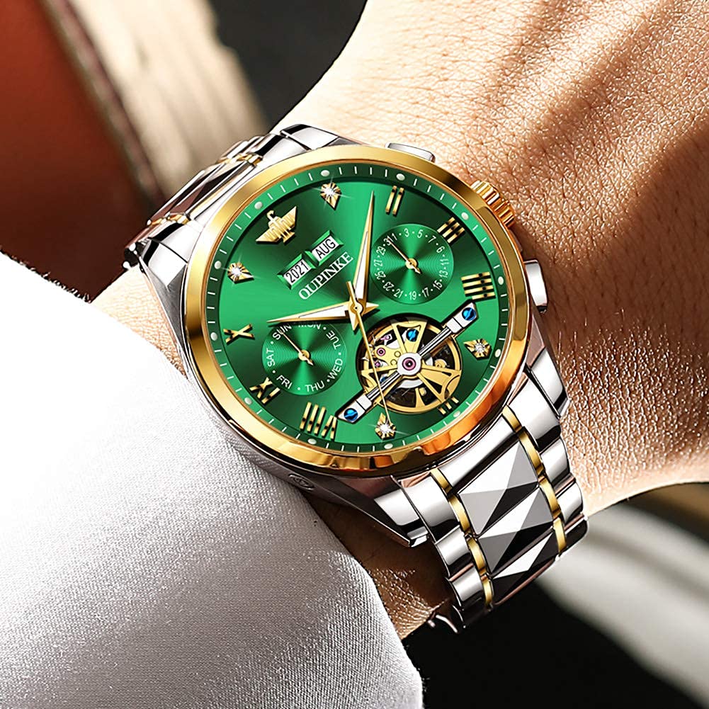 Automatic Watch Green Dial Popular Skeleton Sapphire Tungsten Waterproof Date Luminous Green Men's