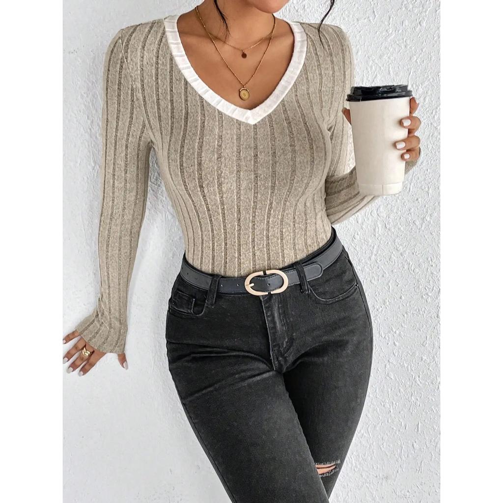 Women's Slim Sexy Knit Long Sleeve Top Women's V-Neck Neck Edge Clash Top New Autumn and Winter Women's Casual Pullover