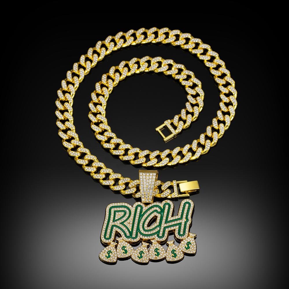 Hip Hop Men Women Become Rich Money Bag Pendant NecklaceWith 13Mm Miami Cuban Link Chain Necklaces Trendy Dollar Sign Neck Wear