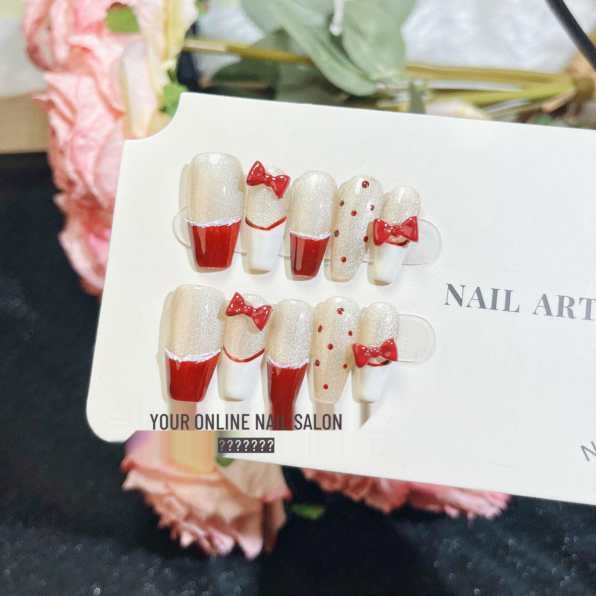 

Ручная работа Сладкий стиль Красно-белый французский бант Горошек Накладные ногти Кошачий глаз Extra Small