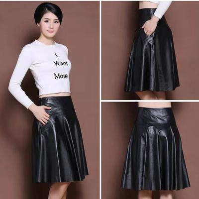 Women PU Leather Skirt Black High Waist Pleated Skirt Slim Mid-length Plus Size A-line Skirt Autumn Winter