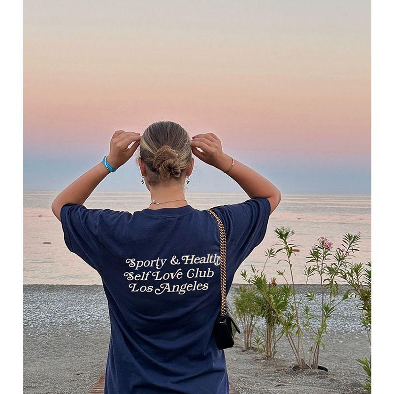 Sporty Slogan American Retro Sports Style Fashionable Sense Pure Cotton Shoulder Short Sleeve T-shirt for Women