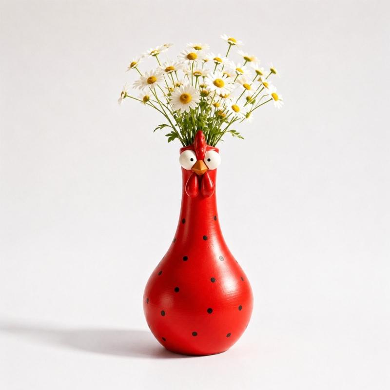 Colorful Dot Rooster Shape Flower Vases, 2 Piece Funny Resin Long Neck Chicken Sculpture For Living Room Office Decoration