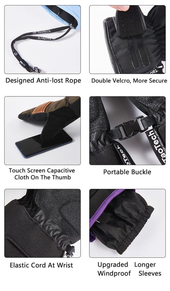 TaoTech Gathered Snowboard Gloves with Wrist Waterproof Ski Gloves for Men and with Protectors Neon Mittens, Guards, Women, Five-Finger Inner, (L,