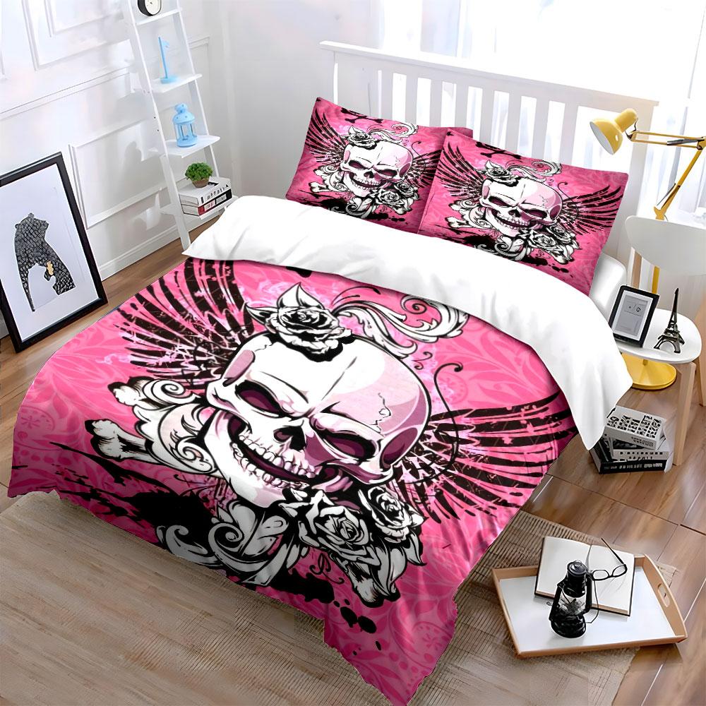Skull Rose Art Decor Set Bedding Set With 1 Duvet Cover 2 Pillowcases Single Double King Queen, Gift