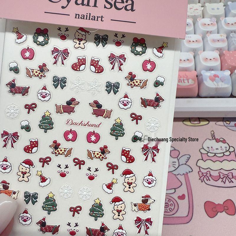 

Waterproof 3D Christmas Apple Nail Stickers with Cute Dachshund Dog & Butterfly Designs CF-2151