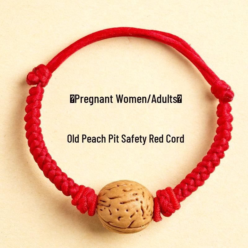 Wild Peach Wood Baby Amulet Bracelet: Soothing Red String with Peach Pit for Benmingnian & Pregnant Women.