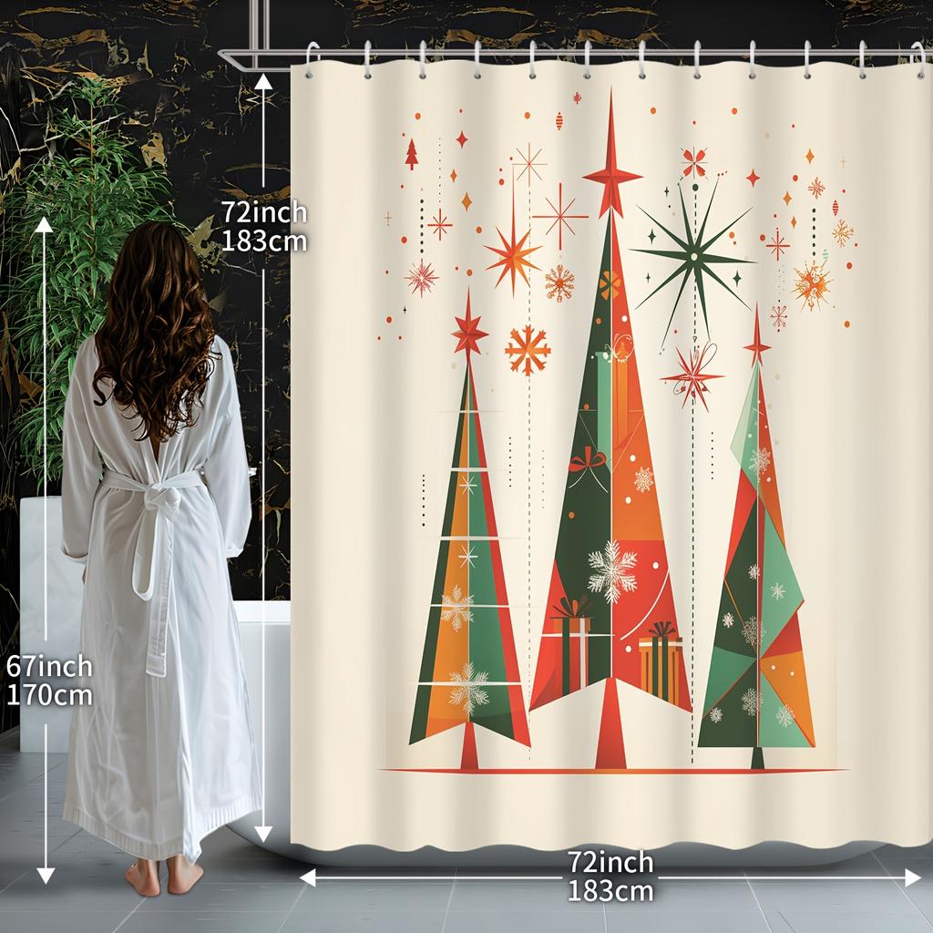GAE"Retro Christmas Shower Curtain - Mid-Century Modern Design with Colorful Trees and Stars, Perfect for Festive Bathroom Dec
