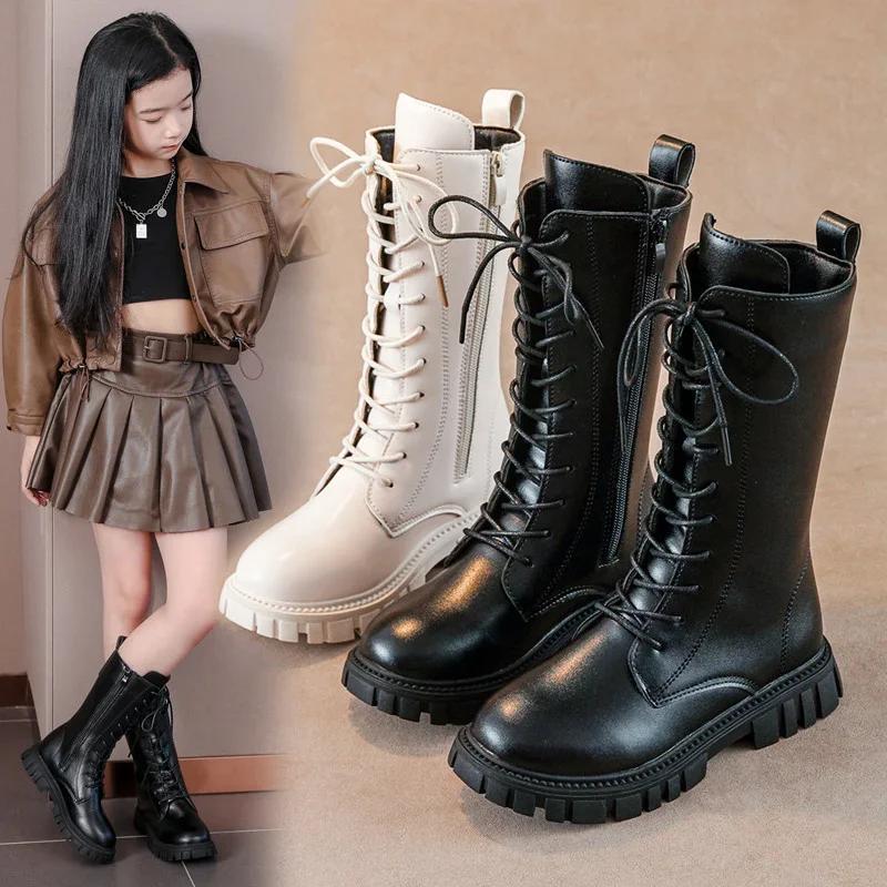 Autumn Winter Cool Baby Girls Warm Square Heel Round Toe Casual Lace-Up Comfortable Kids Black Mid Boots