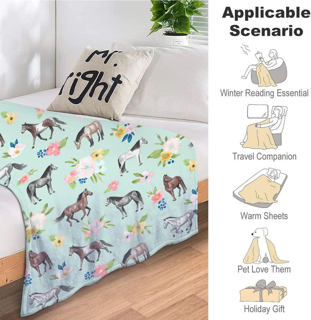 Horse Throw Blanket Super Soft Warm Floral Horse Blanket Cozy Plush Fleece Farm Stuffed Animal Horse Gifts Bedding Blanket