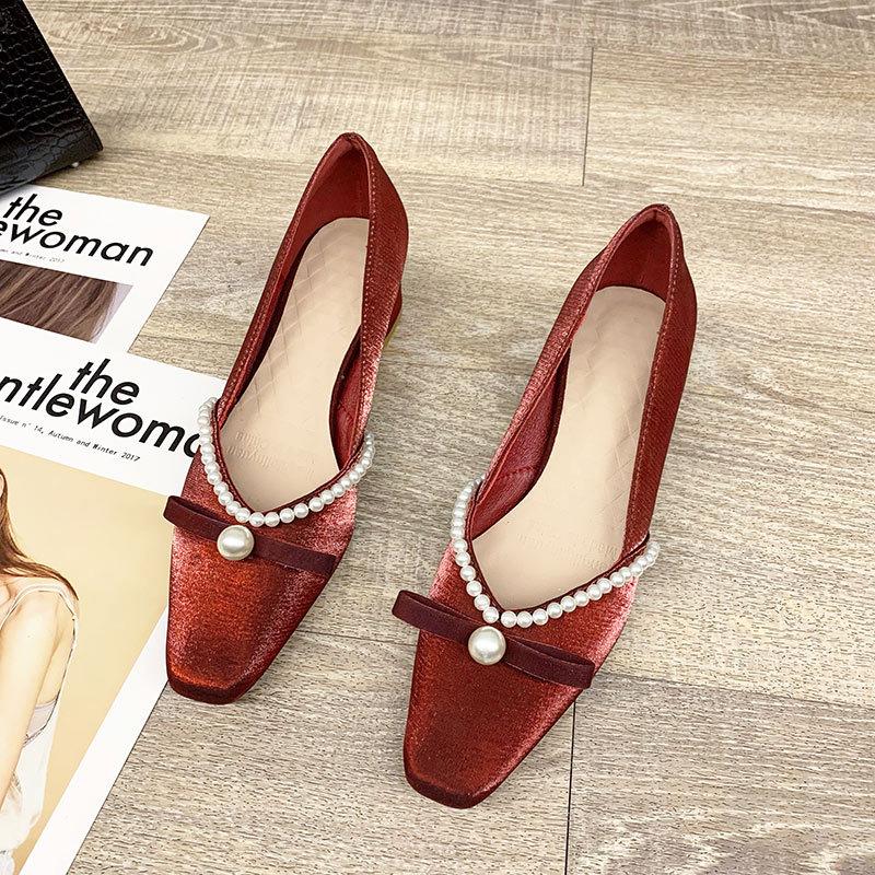 Single Shoes Women's Medium Heel Thick Heel High Heels French Pearl Small Square Head Shallow Mouth Versatile 2025 Spring and Autumn New Women's Shoes