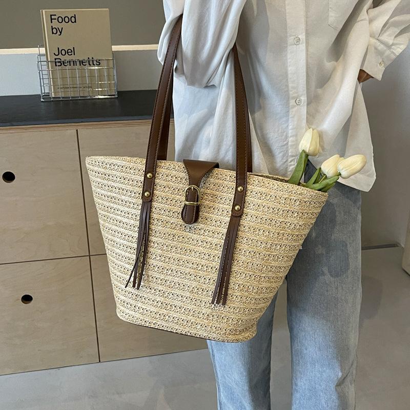 Gewebte Strohtasche Damen große Kapazität 2025 neu Urlaubs vielseitig Schulter Gemüsekorb tragbar Küste Strandtasche