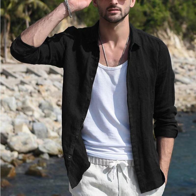 European American Pure Cotton Solid Color Long-sleeved Shirt Men's Casual Cardigan Shirt