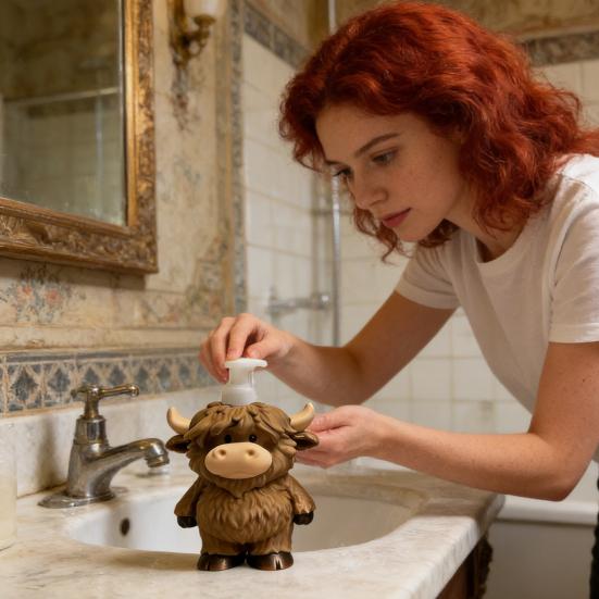 Highland Cow Liquid Soap Dispenser Shampoo Body Hand Wash Shower Gel Facial Cleanser Container Bathroom Refillable Empty Press Pump Bottle