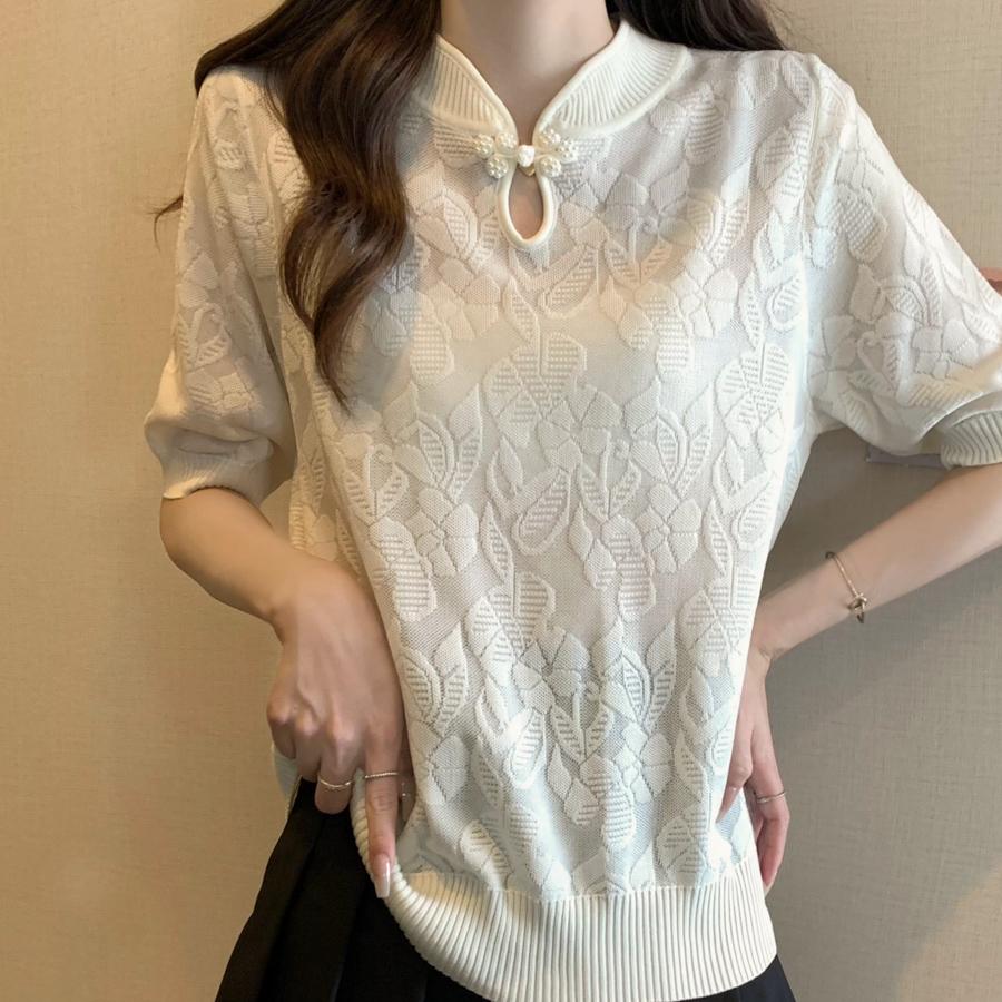 

Женские свитера, пуловеры, 2025, лето, короткий рукав, воротник-стойка, черный вязаный свитер, женские топы, пуловер -JJ145 One Size абрикосовый