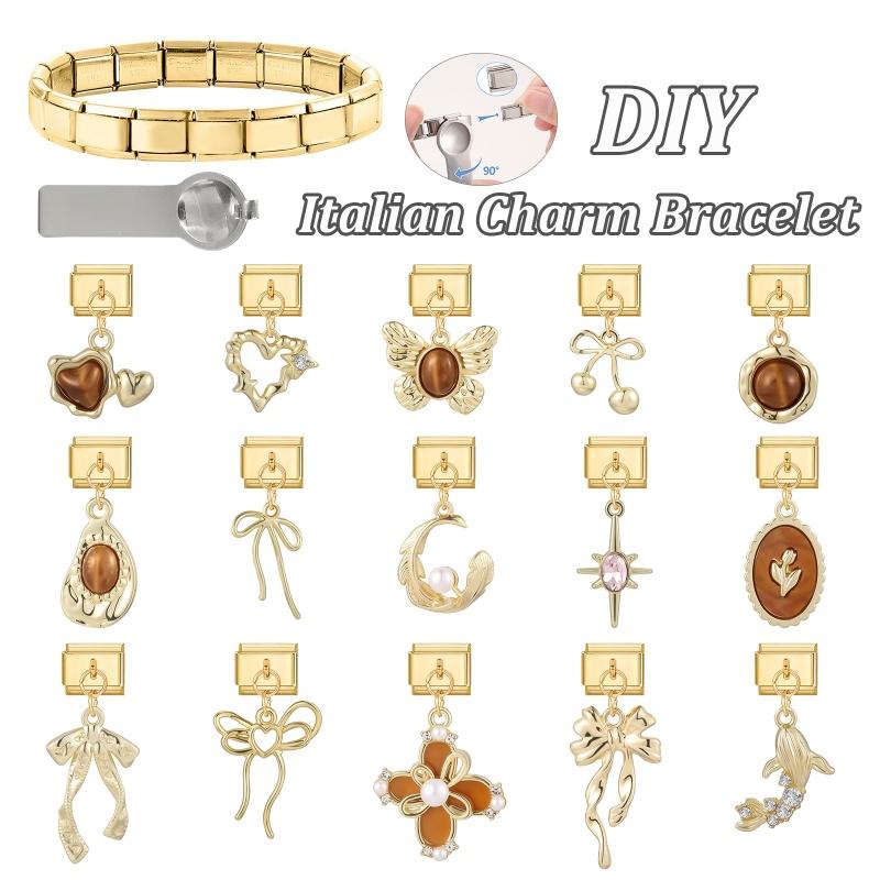 Zircon Star Moon Bow Knot Heart Gold Color Pendant Italian Charm Links Fit 9mm Stainless Steel Bracelet DIY Making for Men Women