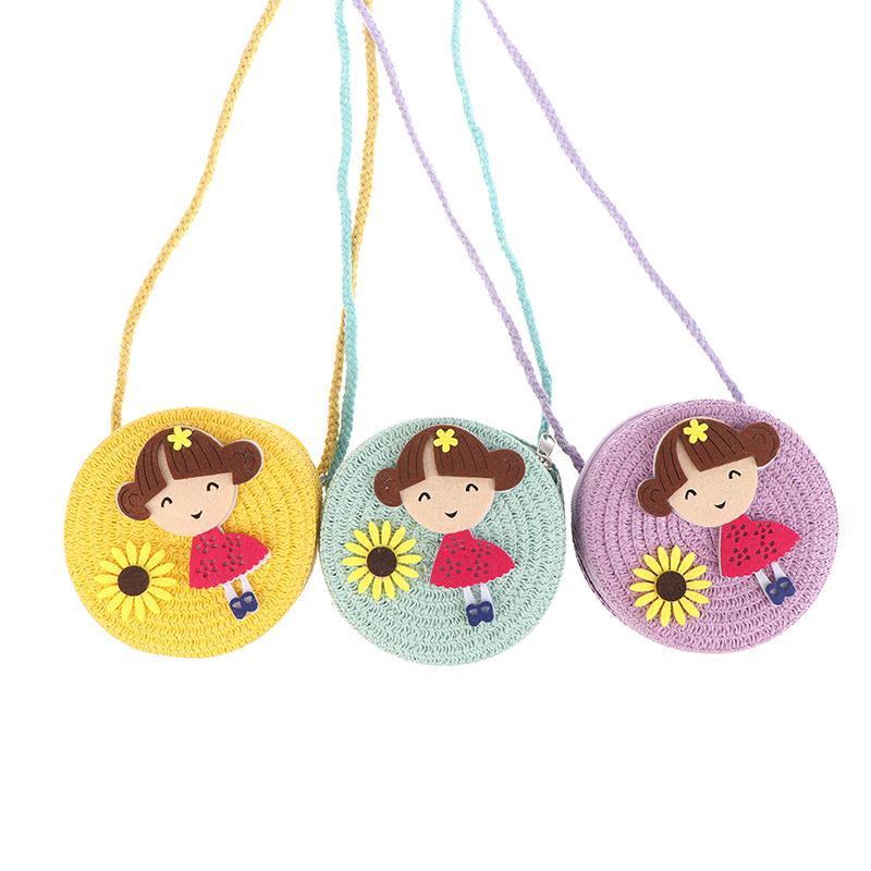 Children Flower Girl Straw Bag Crossbody Bag Handmade Woven Messenger Bag Straw Handbag Shoulder Bag Summer Kids Coin Purse