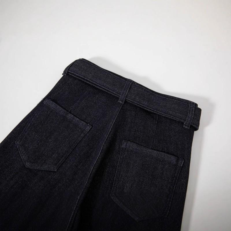 Womens High-Waisted Slim Straight Jeans With Elastic Waistband Deep Blue Stretch Denim Pants Long Length