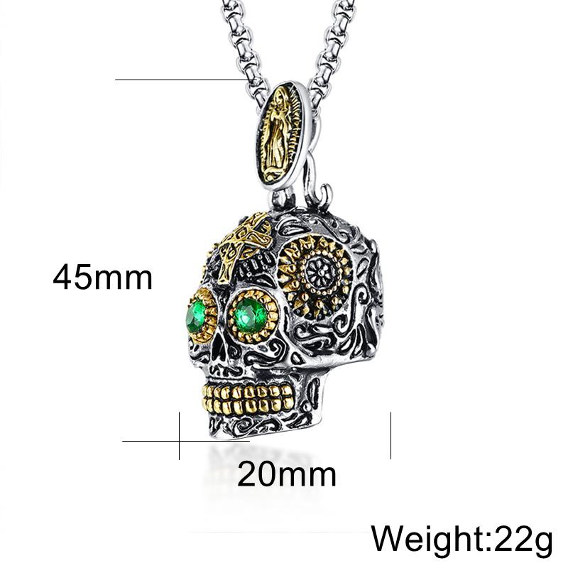 Collana Ciondolo Teschio Occhi Verdi Uomo Cool Gotico Acciaio Inossidabile Uomo Intaglio Fine Dettaglio Alta Qualità Teschio Biker Gioielli