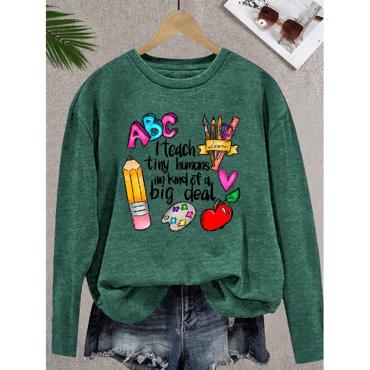 Teacher's Day Women's Elegant Style Colorful Chalk Letter Print Pattern Round Neck Long Sleeve for Spring Summer Autumn and Winter T