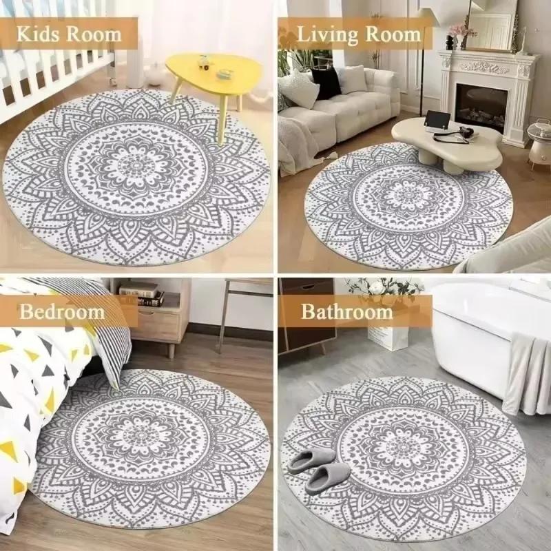 Yin Yang Round Rug Non-Slip Machine Washable Rug with Sakura Goldfish Dragon Lion Cat Tree Design for Living Room Bedroom