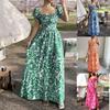 Amazon European and American Foreign Trade Cross-border New French Retro Floral Square Neck Bubble Sleeve Skirt Dress Long Dress Women