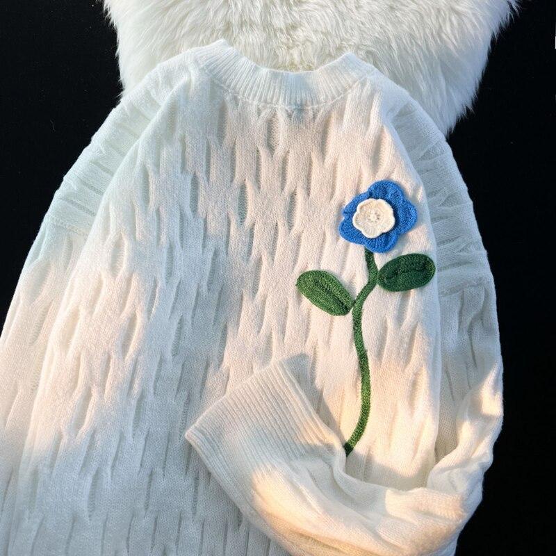 

Нежный цветочный вязаный свитер для женщин осень и зима свободный оверсайз o шея с длинным рукавом повседневный свитер пуловер женское пальто