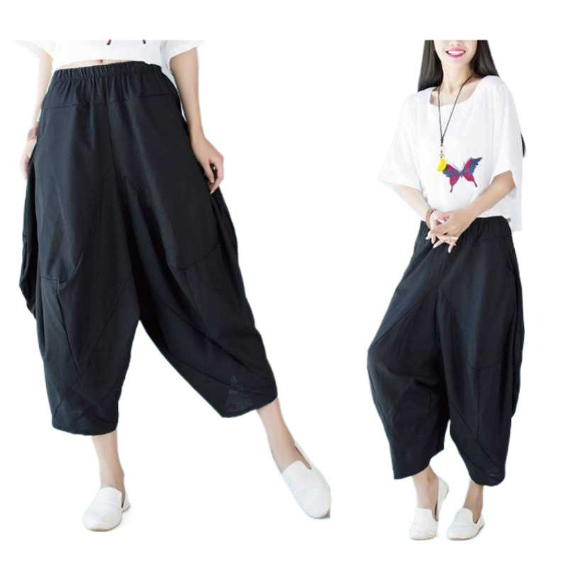 Calças Harem de Perna Larga de Algodão e Linho com Costura Estilo Étnico de Verão Tamanho Plus Nove Pontos