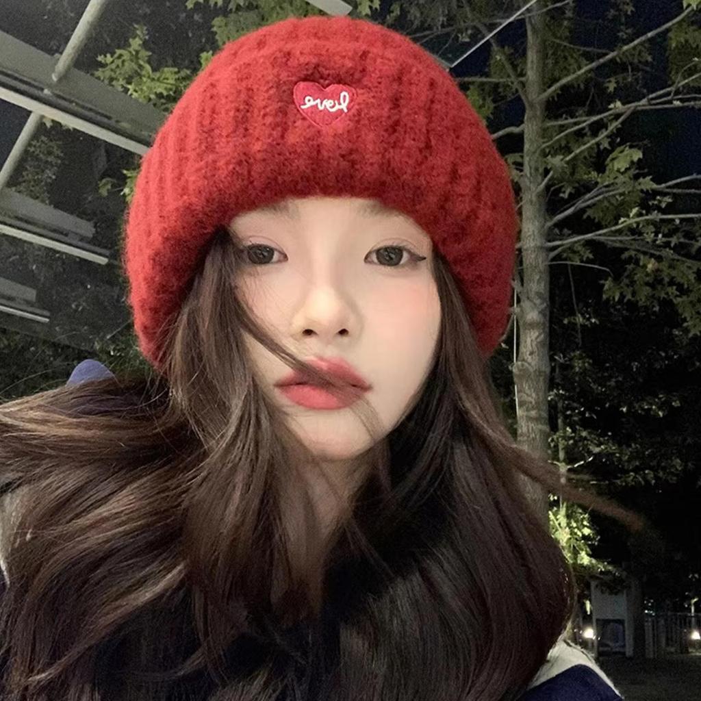 Love Heart Embroidered Beanie Cap for Women Thicken Warm Woolen Knitted Elastic Ear Protection Skullcap Outdoor Ski Snow Hats