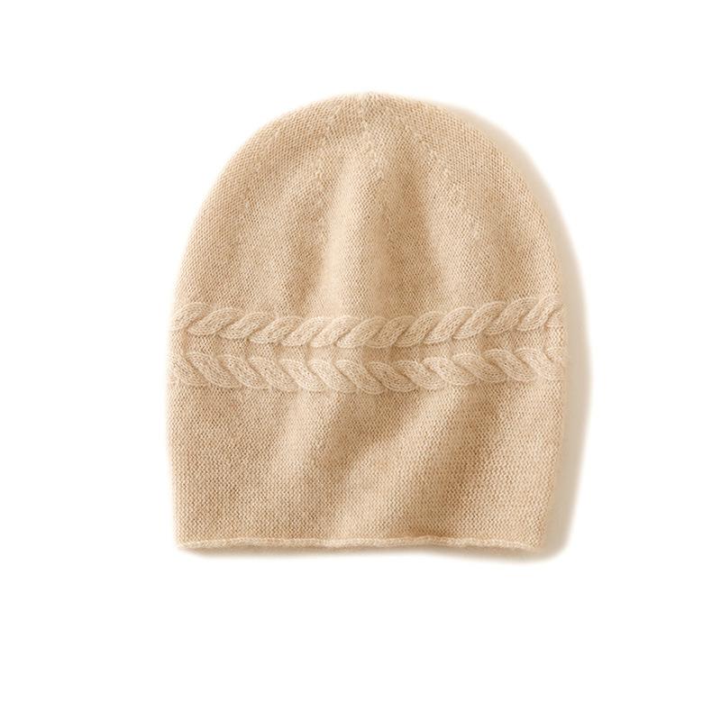 Kaschmir Herbst und Winter Neuer Stil Damen Hochwertig Einfarbig Zopfmuster Verdickt Warm Mode Gestrickte Freizeitmütze