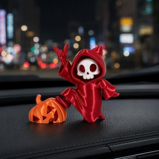 Mini Grim Reaper Statue, 3D Printed Skull Grim Reaper Pumpkin Figurine, Cute Gothic Car Dashboard Accessory for Office Desk, Home Decor