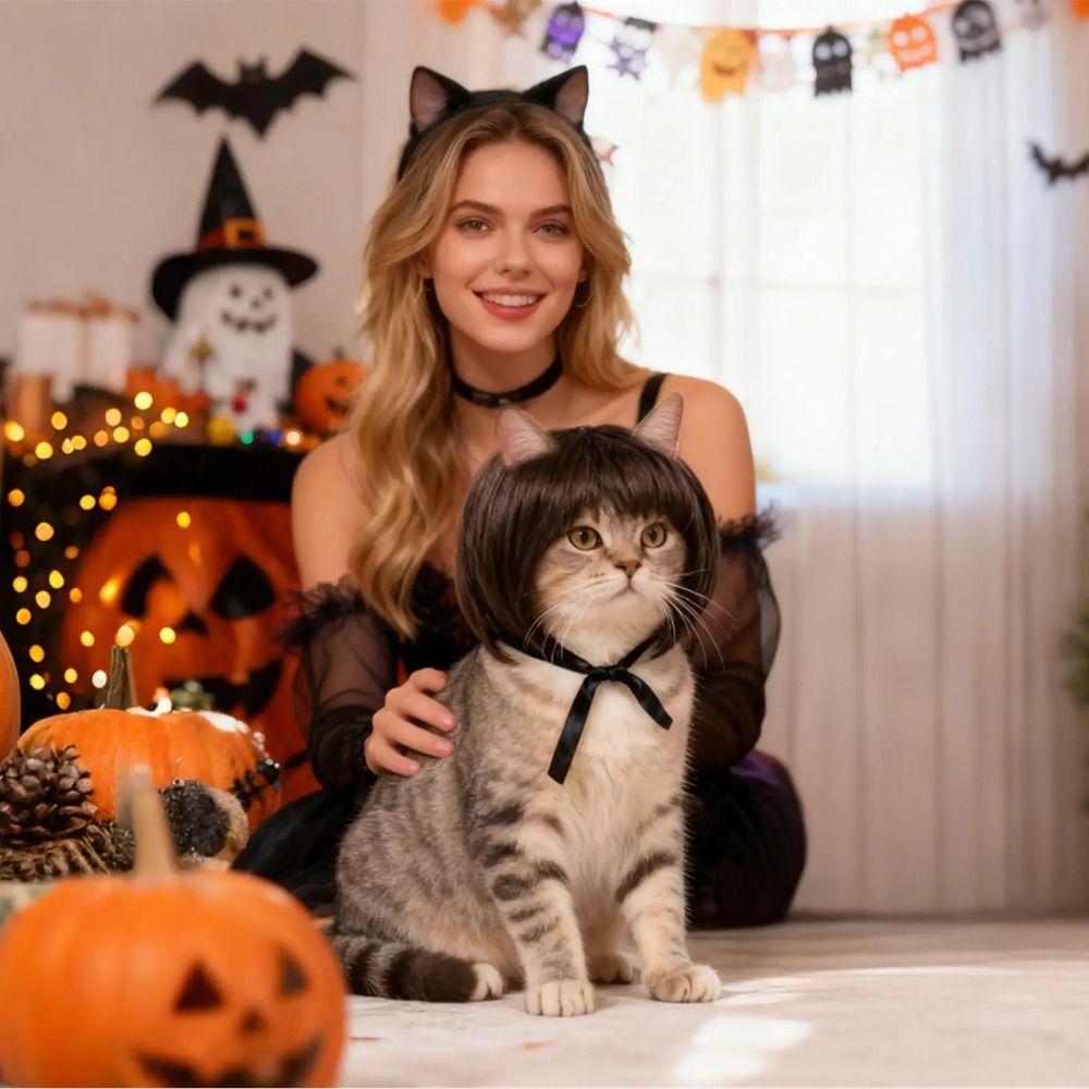 with Bangs Pet Bob Wig Exposed Ear Design Cat Fake Hair Cute Wigs For Dogs  Party Play Costume