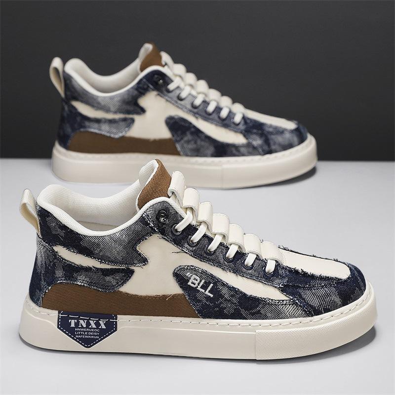 

Модные осенние кожаные сращивающиеся джинсовые туфли на плоской подошве, эластичные низкие повседневные спортивные мужские туфли 44