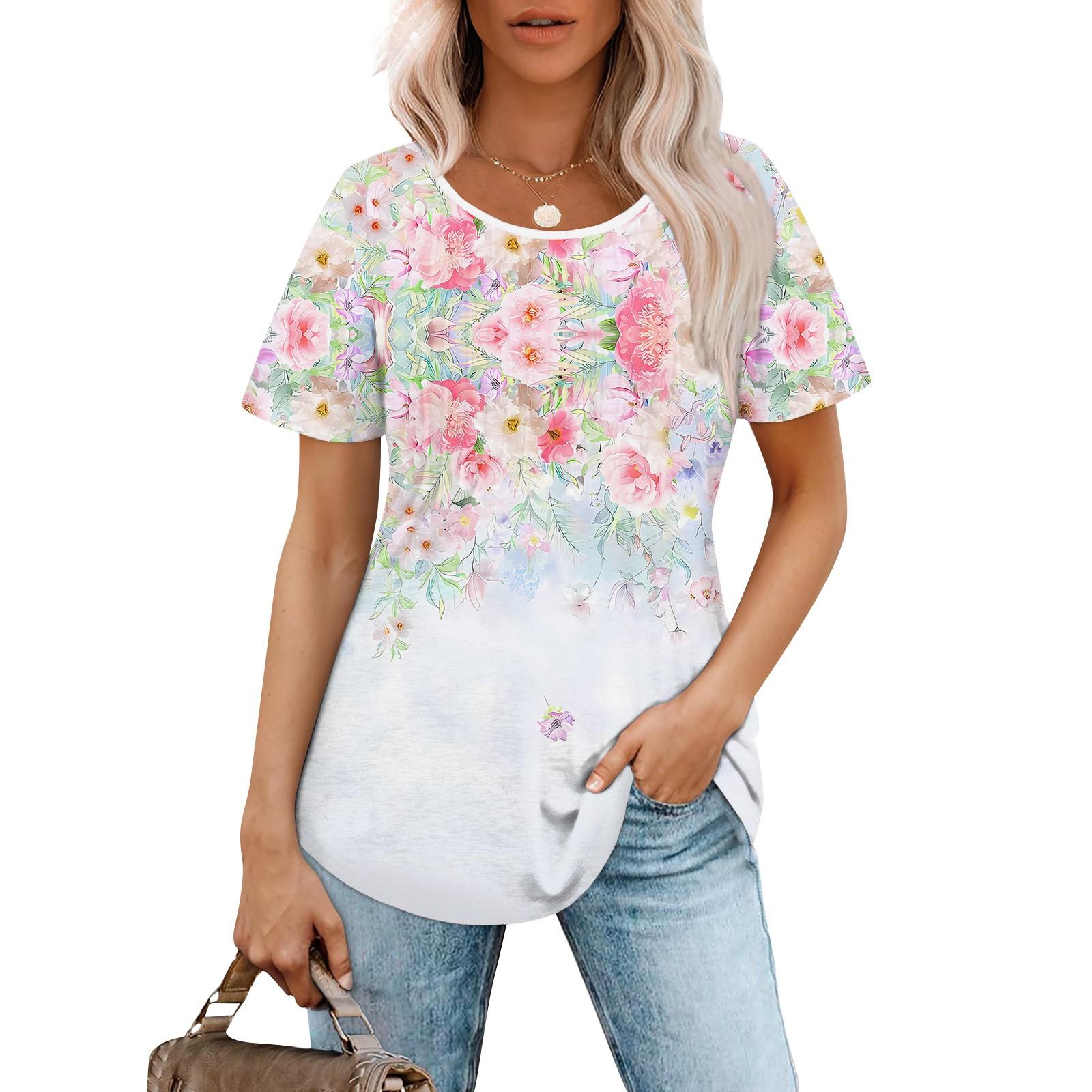 

Женская модная повседневная плиссированная футболка с короткими рукавами и круглым вырезом с градиентным принтом XL розовый