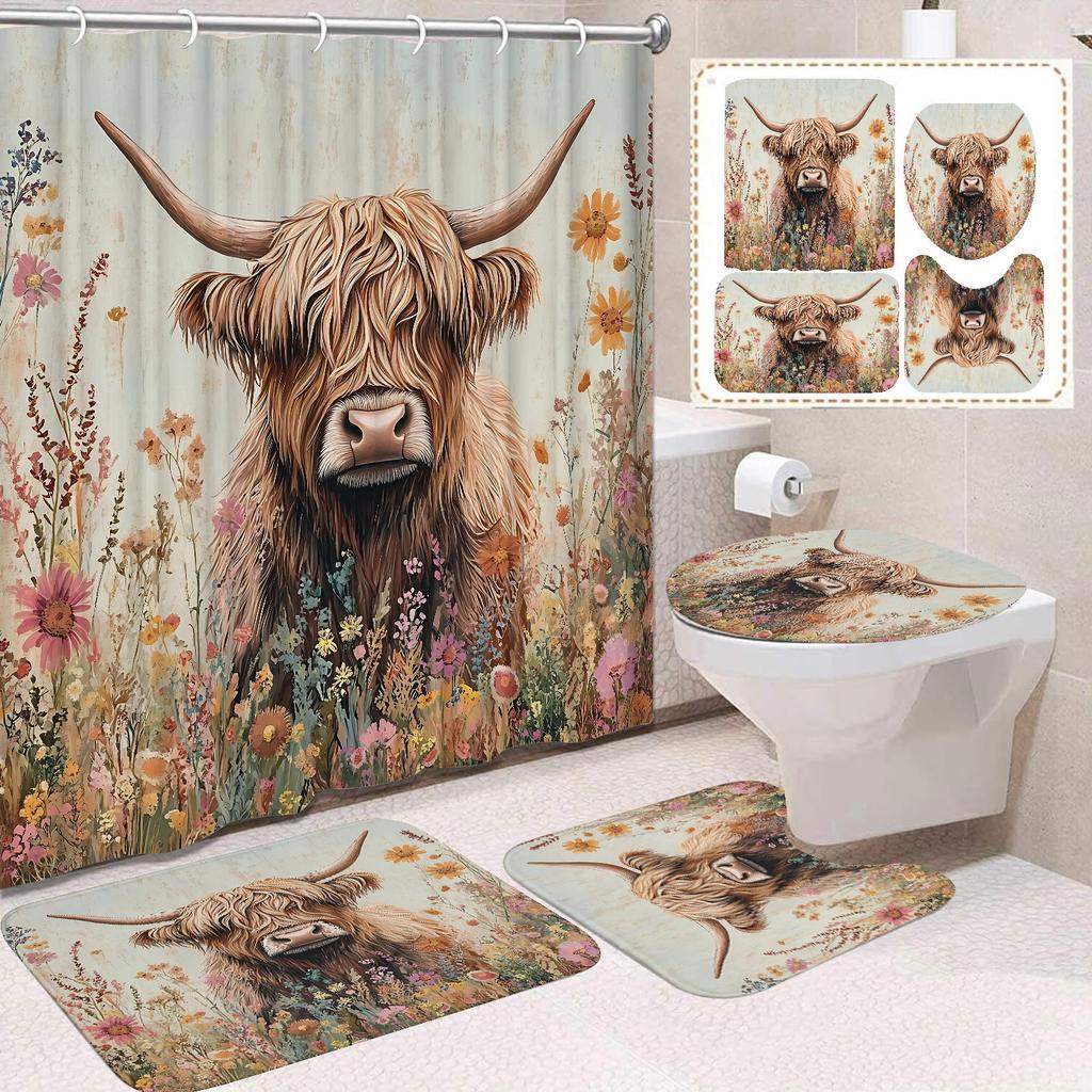 Cute Highland Cattle Printed Shower Curtain Waterproof Durable Polyester Bath Curtain For Home New Year Christmas Bathroom Decor