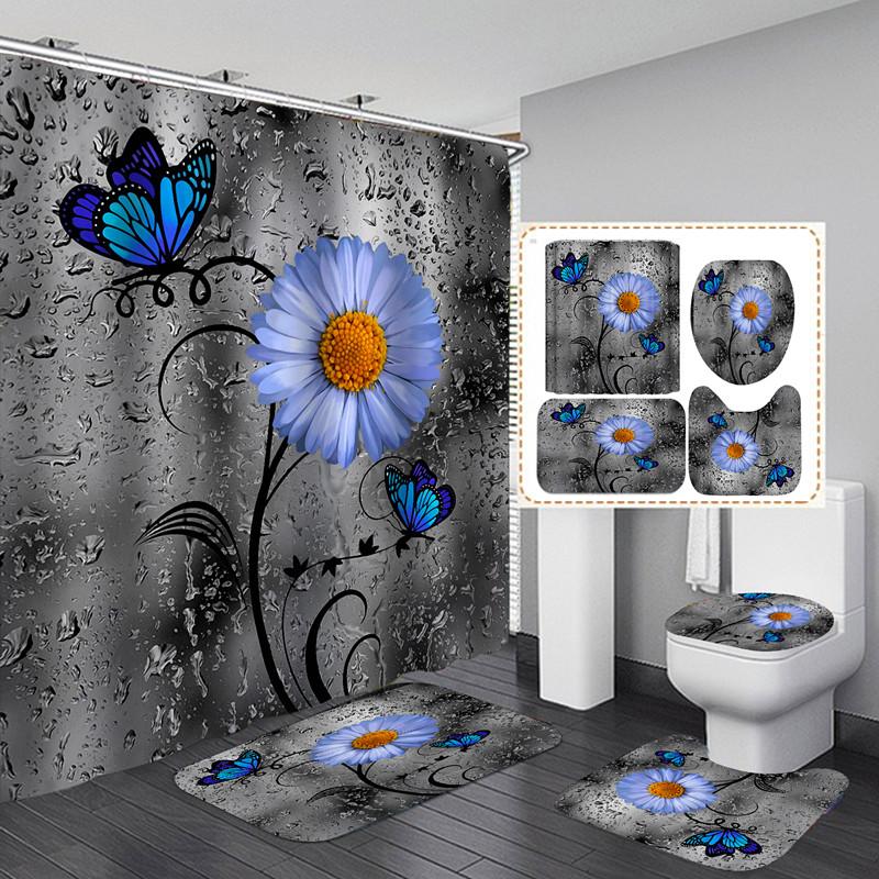 Modern Flowers And Butterfly Waterproof Shower Curtain Set Toilet Seat Cover Bath Nonslip Mat Rug Carpet Bathroom Decor Washable