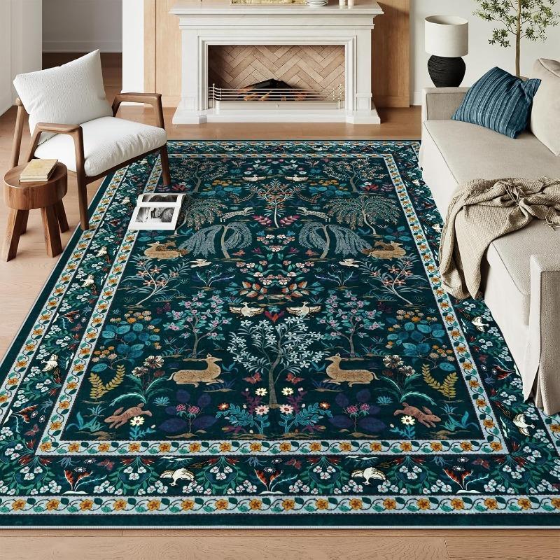 Black Rugs for Living Room Machine Washable Floor Mat Botanical Floral Birds Nature-Inspired Carpet Non-Slip Soft Home Decor