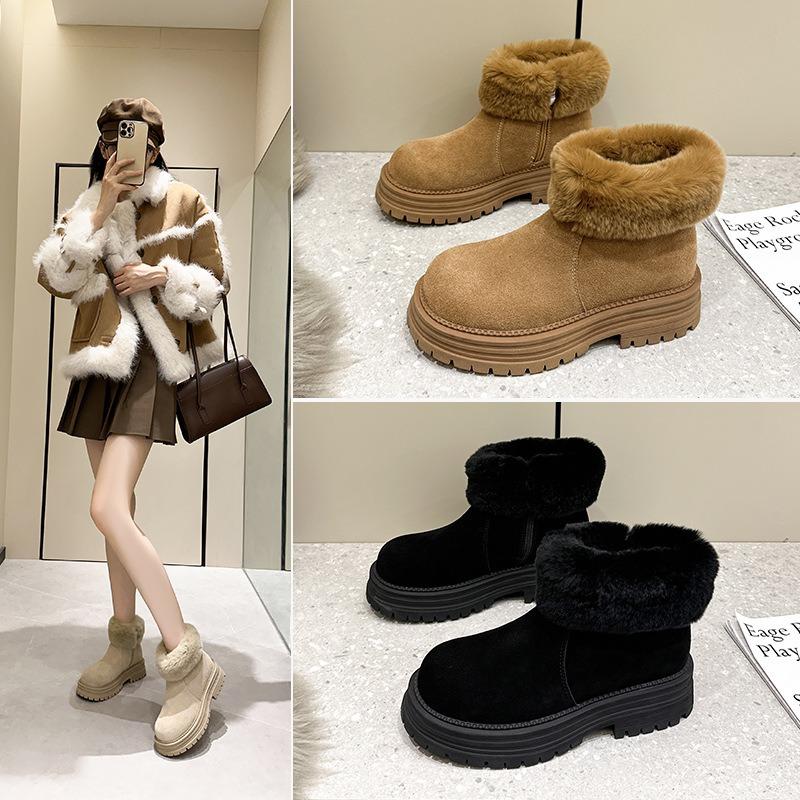 thick-soled leather real hair snow boots for women, piled thickened cotton shoes for autumn and winter to keep warm Martin boots for women