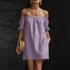 Damen Schulterfreies Kurzarm Lockeres Baumwoll-Leinen-Kleid Lässiges Pullover-Design mit Entspanntem und Bequemem Stoff