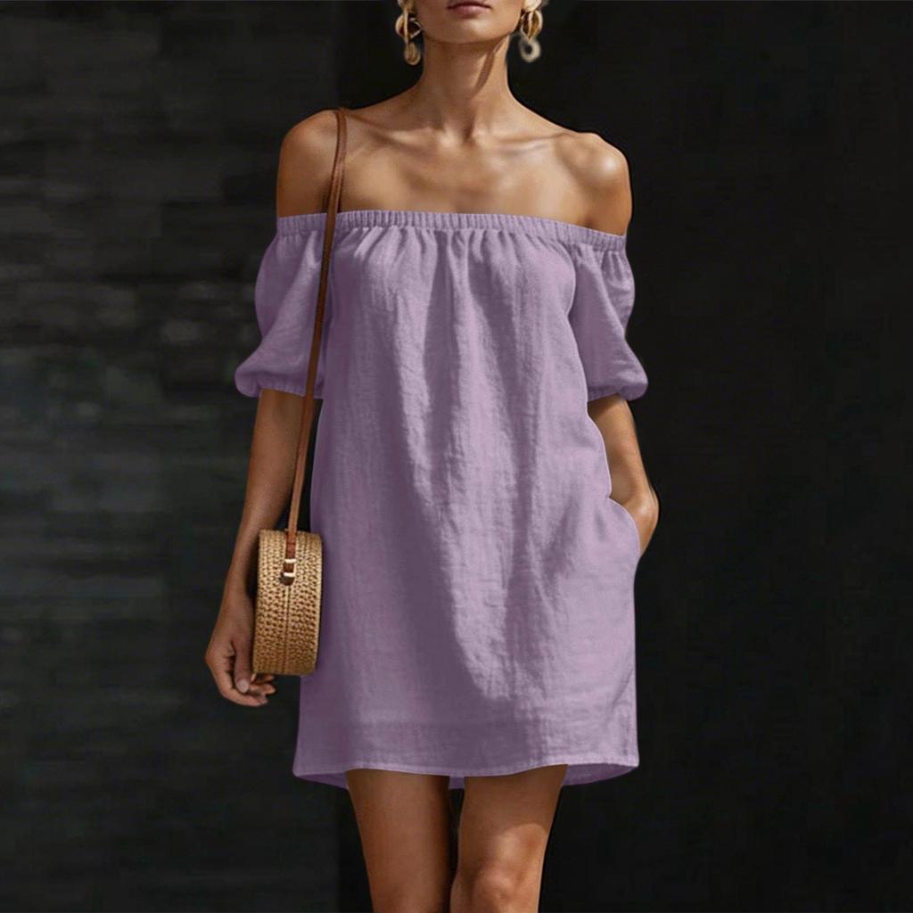 Damen Schulterfreies Kurzarm Lockeres Baumwoll-Leinen-Kleid Lässiges Pullover-Design mit Entspanntem und Bequemem Stoff