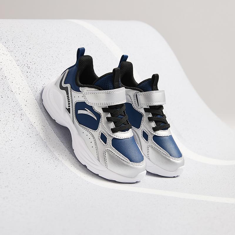 Anta Kids Synthetic Leather Fashion Versatile Lightweight Shock Absorbing Low Top Running Shoes Kids sneaker Blue Silver A12449977N-1