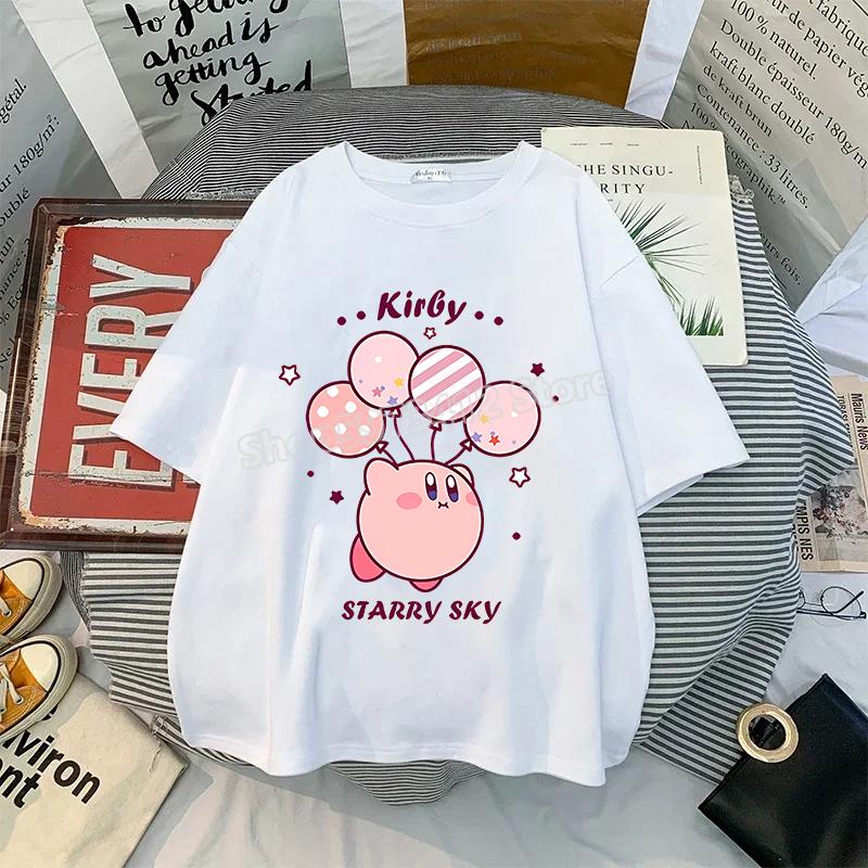 Kirby Shirt Summer O-neck Round T-shirt Cotton Short-Sleeve Tops Solid Color Adult Printed Anime White Tshirt Collar Couple Tees