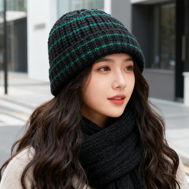 Japanese Striped Color blocked Woolen Hat for Women Fashionable and Simple Ear Protection Knitted Hat  Versatile Couple  Baotou Cold Hat Men's Trendy