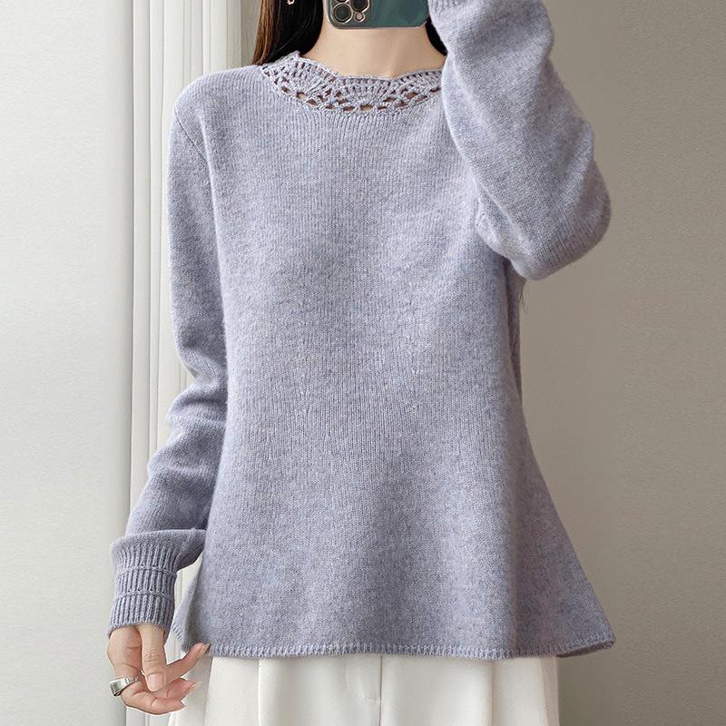Women's 100% Mercerized Pure Wool Round Neck Pullover Sweater - Handmade Crochet Slimming Knitwear