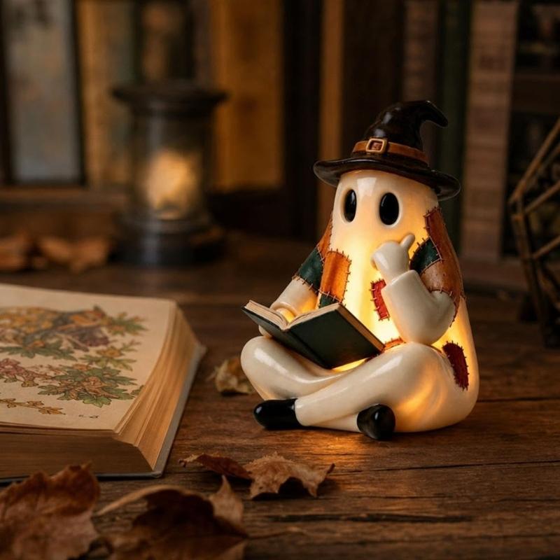 Halloween Patchwork Ghostly with Led Light Lighted Character Figure for Fall Display, Formed Accent with Soft Light for Shelf, Desk, Entry Table, or