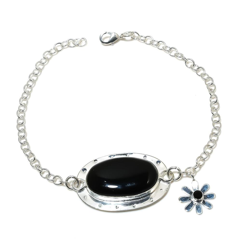 Naturlig Svart Onyx Ädelsten Handgjort 925 Sterlingsilver Armband, Svart Spinel Armband För Fru , Unisex Armband, Festkläder Gåva